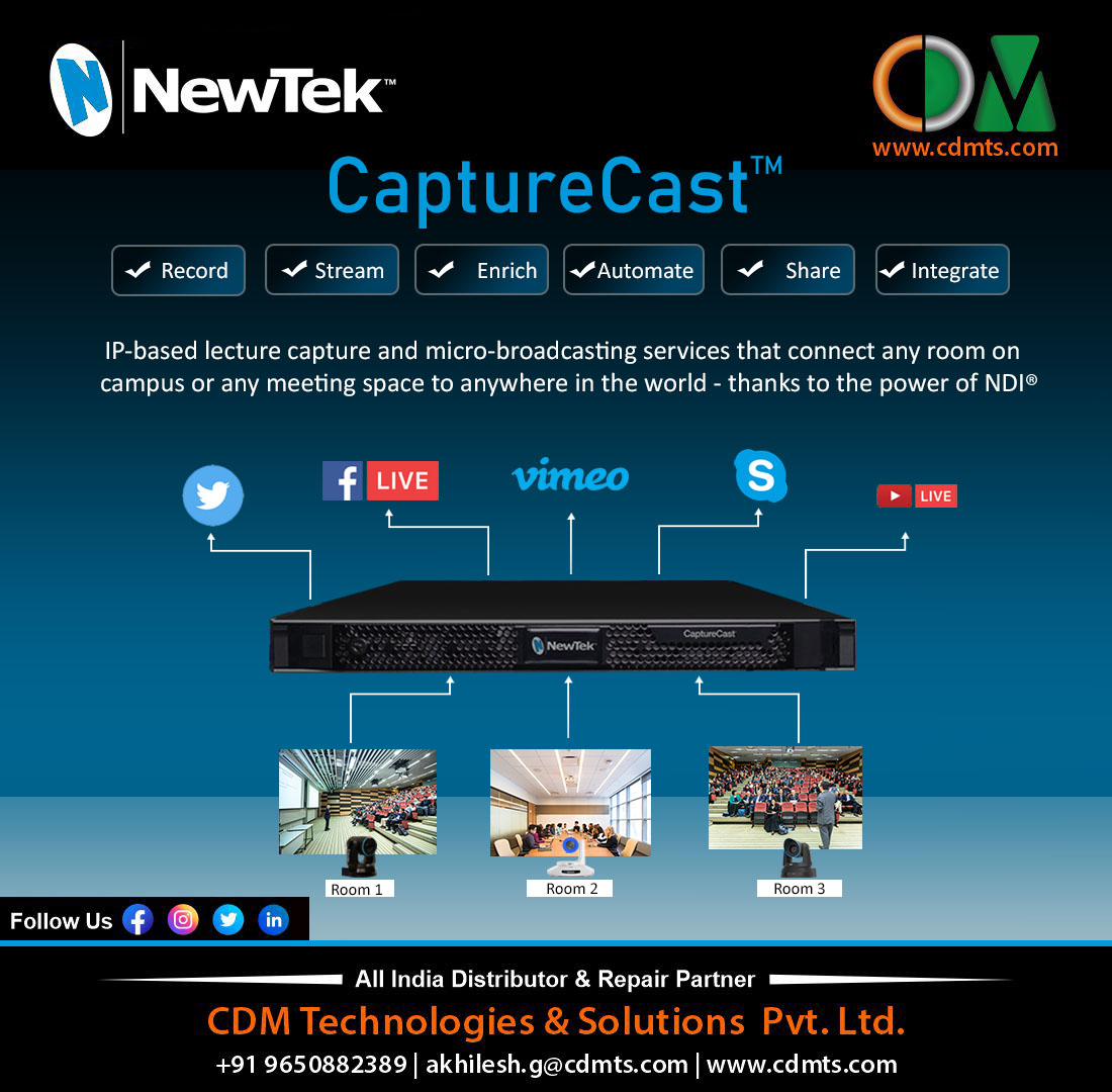 CDMTS's tweet photo. IP-based lecture capture and micro-broadcasting services that connect any room on campus or any meeting space to anywhere in the world- thanks to the power of NDI®
#NewTek #IP #Capturecast #NDI #broadcast #broadcasting #workflows #recording #camera #streaming #Video #live https://t.co/tc7zEJLtSg