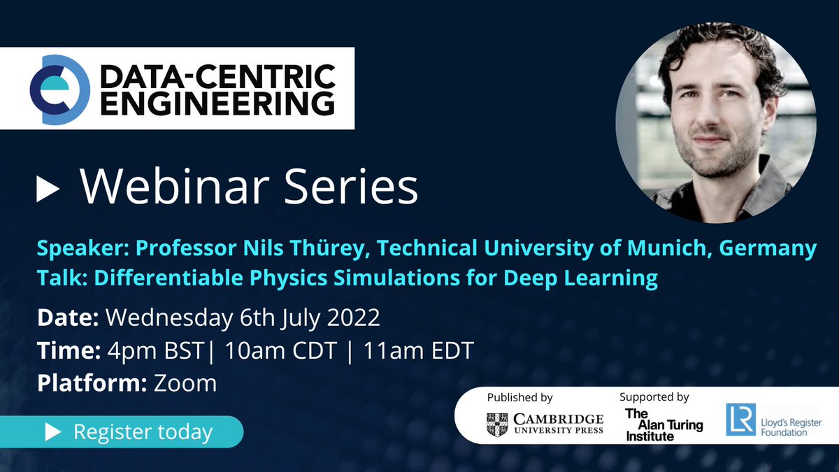 DCE_Journal's tweet photo. Differentiable Physics Simulations for Deep Learning
A @DCE_Journal webinar with Professor Nils Thรผrey, @ThuereyGroup
๐ Wednesday, 6 July 2022
Register at https://t.co/NVM0TCuFJt
#DeepLearning #Simulations #DCEwebinar #DifferentiableProgramming #MachineLearning #ML https://t.co/vhOfsLFjgZ