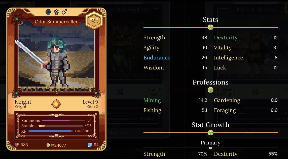 DFKnous's tweet photo. One reason I switch to #TrainingQuests as soon as a #DFK hero has a prof level of 10+ and a stat of 25+ is that the xp gains tend to be larger than those from profs, for faster leveling.
This hero is approaching his big 9->10 level-up.
#DFKStrategy POLL...
$JEWEL #DefiKingdoms https://t.co/UljxJ0IITn
