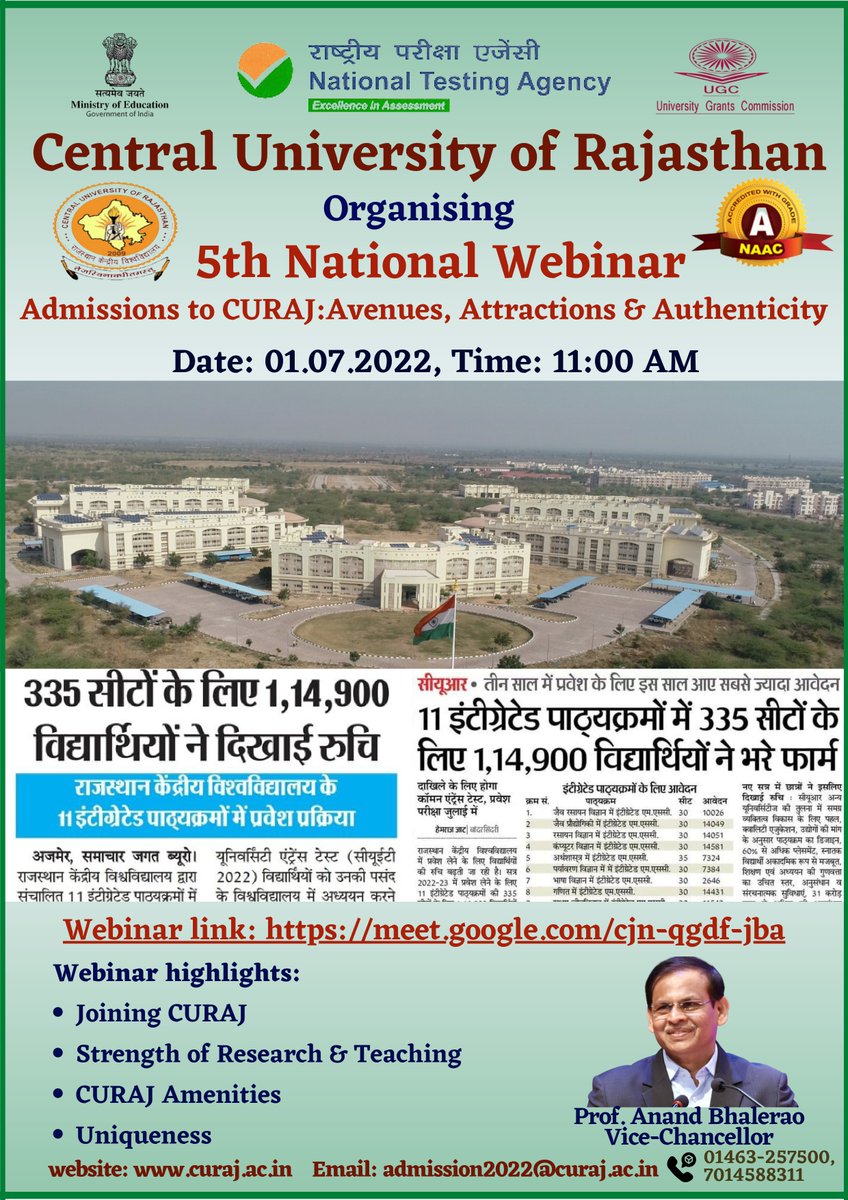 CURajasthan's tweet photo. Seeking admission at C U Raj opens the door of Avenues, Attractions &amp; Authenticity. Be a part of creating your own success story as a student of C U Raj. Join the 5th National Webinar on 1st July at 11 AM to know more about CUET 2022 &amp; C U Raj.
Prof Anand Bhalerao
Vice Chancellor https://t.co/xPUlvxOFdo