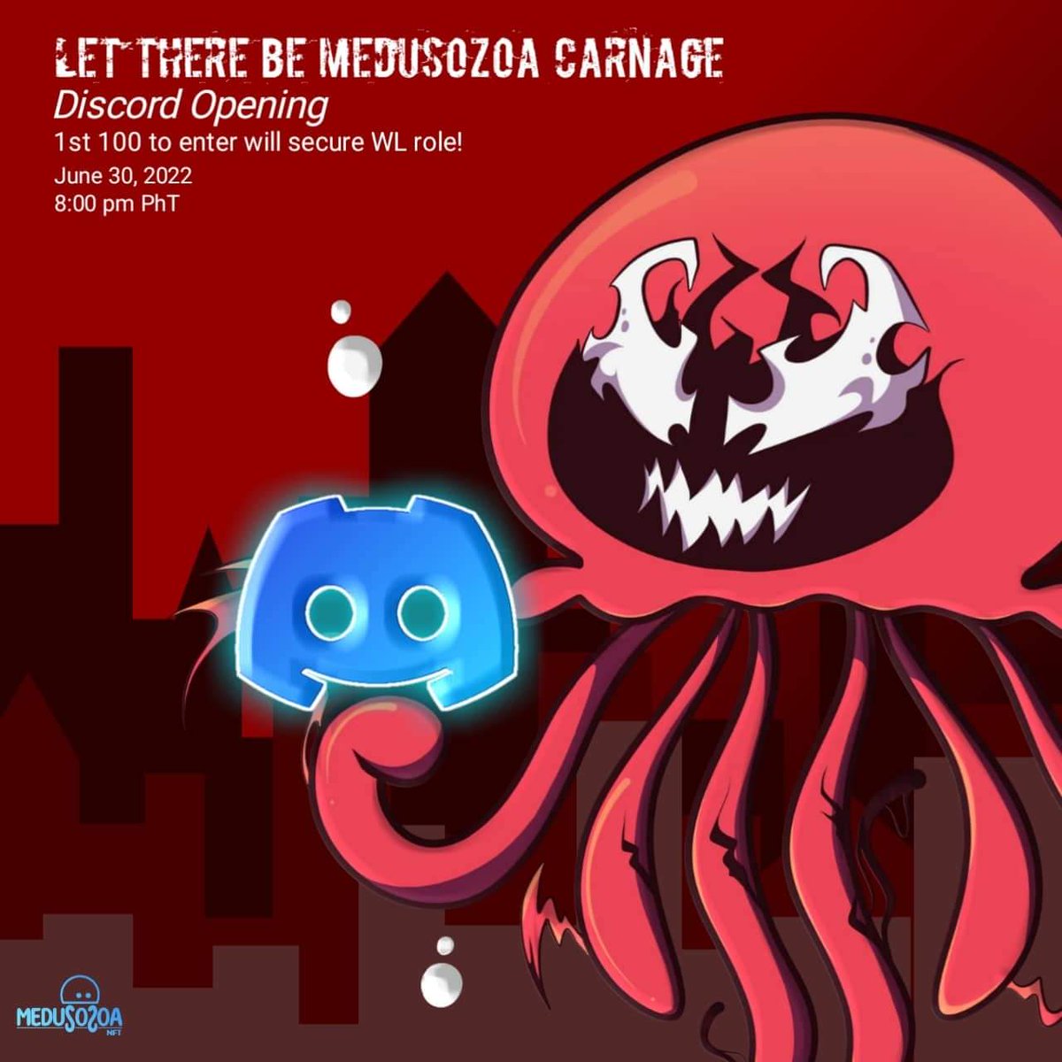 Let There Be Medusozoa Carnage!

Stay tuned!
2 days left for our Discord Opening Event!.
1st 100 to enter will secure a whitelist spots!.

please make sure to follow us!.
Twitter: <a href="/Medusozoa_NFT/">Medusozoa NFT 🇵🇭</a>
Facebook: <a href="/Medusozoa_NFT/">Medusozoa NFT 🇵🇭</a>

#NFTCommunity
#CryptoArtPh