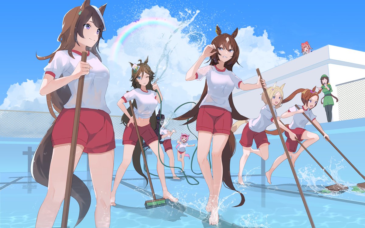 symboli rudolf (umamusume) 6+girls multiple girls horse tail horse ears tail animal ears shorts  illustration images