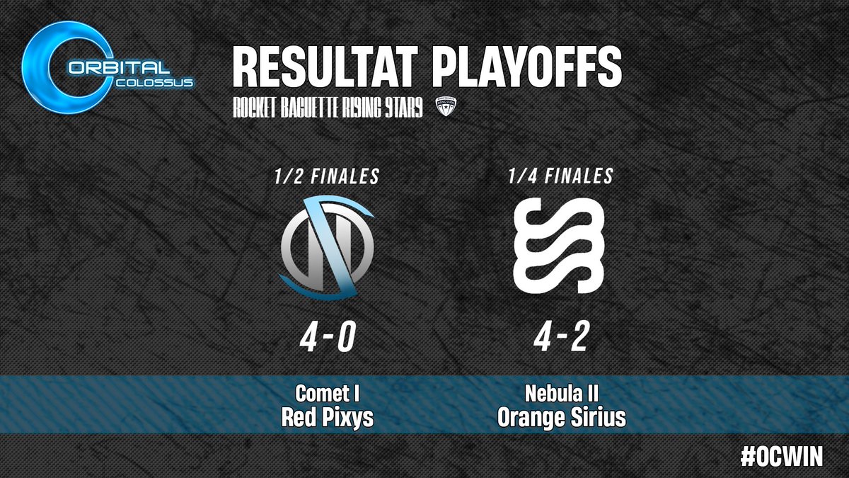 Salut tout le monde !
Voici les résultats des équipes pour les 1/2 finales et les 1/4 finales 

#OCwin #OrbitalColossus #RBRS
