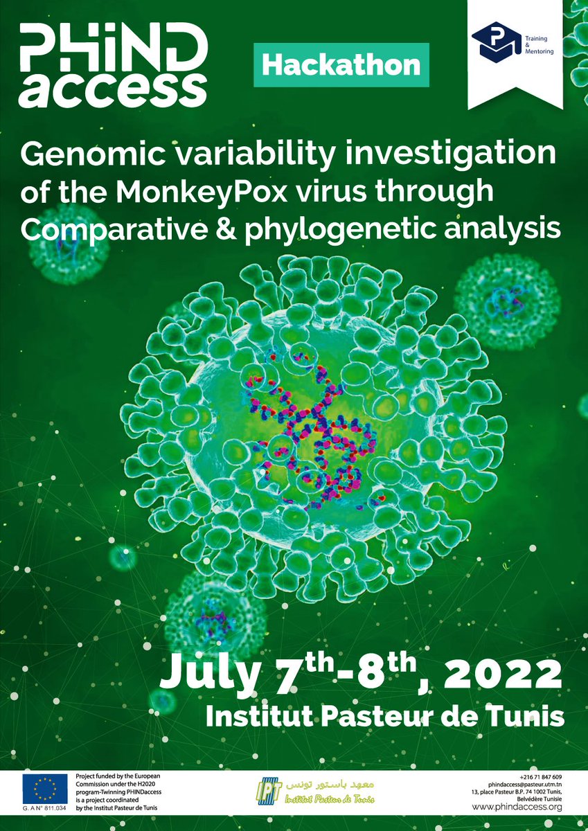 <a href="/PHINDaccess/">PHINDaccess</a>  #hackathon 
"Genomic variability investigation of the MonkeyPox virus through comparative and phylogenetic analysis" 🐒🔬
🗓July 7th-8th, 2022 at <a href="/Pasteur_Tunis/">Institut Pasteur de Tunis 🇹🇳 معهد باستور تونس</a> 
✅This hackathon is restricted to the young researchers previously selected from IPT's research labs.