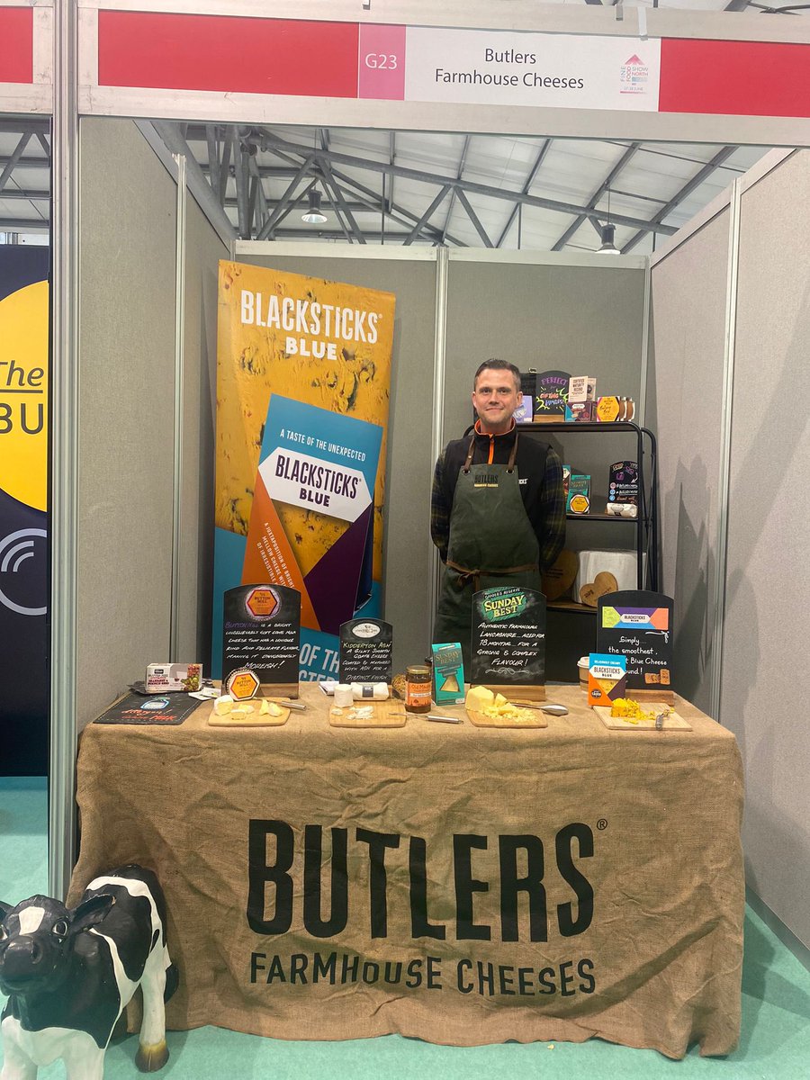 ButlersCheese's tweet photo. Weโre into the last afternoon of @guildoffinefood #finefoodnorth at @YEventCentre Ben, Beth and Daisy (the cow) are on hand to answer any questions or talk about #Lancashire #cheeee you have this afternoon. Have you been to see them today? https://t.co/Hd4JAsVrKI
