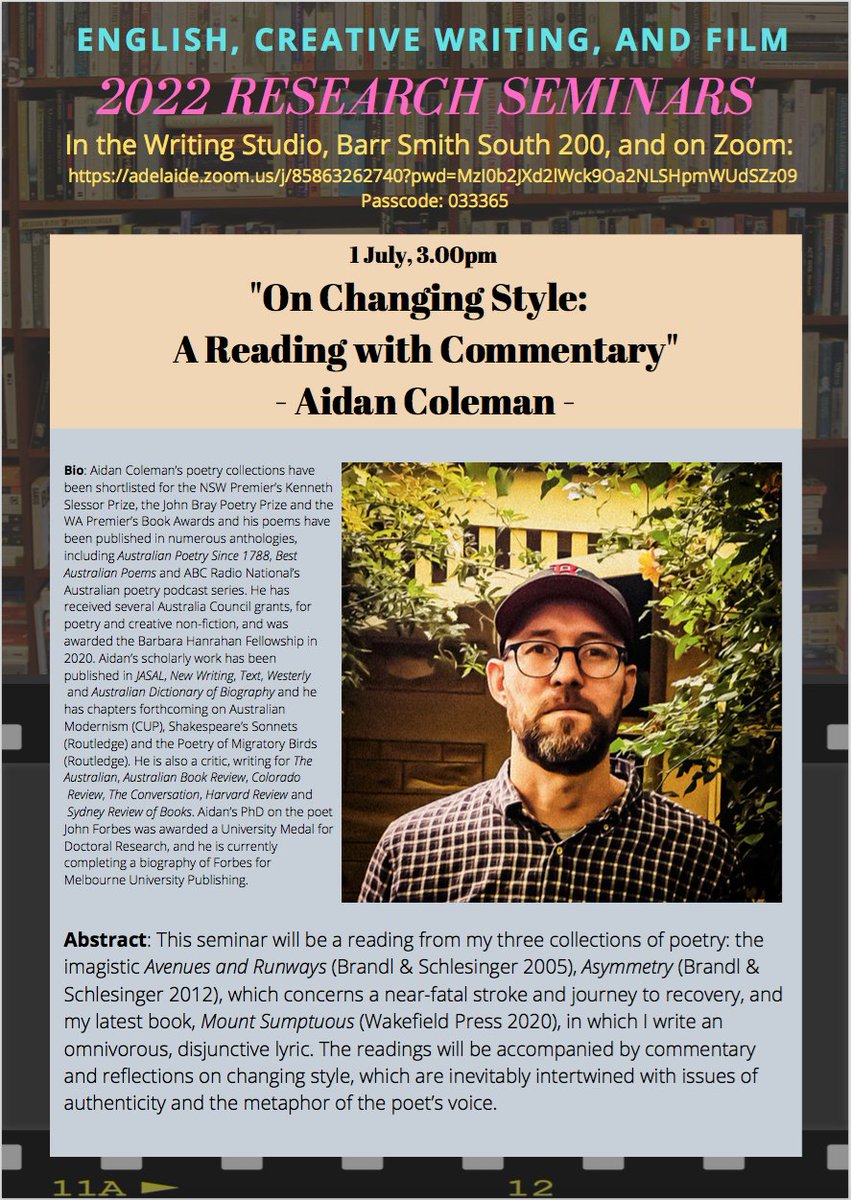 Aidan Coleman (@aidancoleman4) on Twitter photo I'll be reading and discussing my poetry at the English, Creative Writing and Film Seminar this Friday, 3 pm. Barr Smith Library, <a href="/UniofAdelaide/">Uni of Adelaide</a>. All Welcome.
<a href="/JMCCCP/">J. M. Coetzee Centre for Creative Practice</a> <a href="/WakefieldPress/">Wakefield Press</a> I'll be reading and discussing my poetry at the English, Creative Writing and Film Seminar this Friday, 3 pm. Barr Smith Library, <a href="/UniofAdelaide/">Uni of Adelaide</a>. All Welcome.
<a href="/JMCCCP/">J. M. Coetzee Centre for Creative Practice</a> <a href="/WakefieldPress/">Wakefield Press</a>