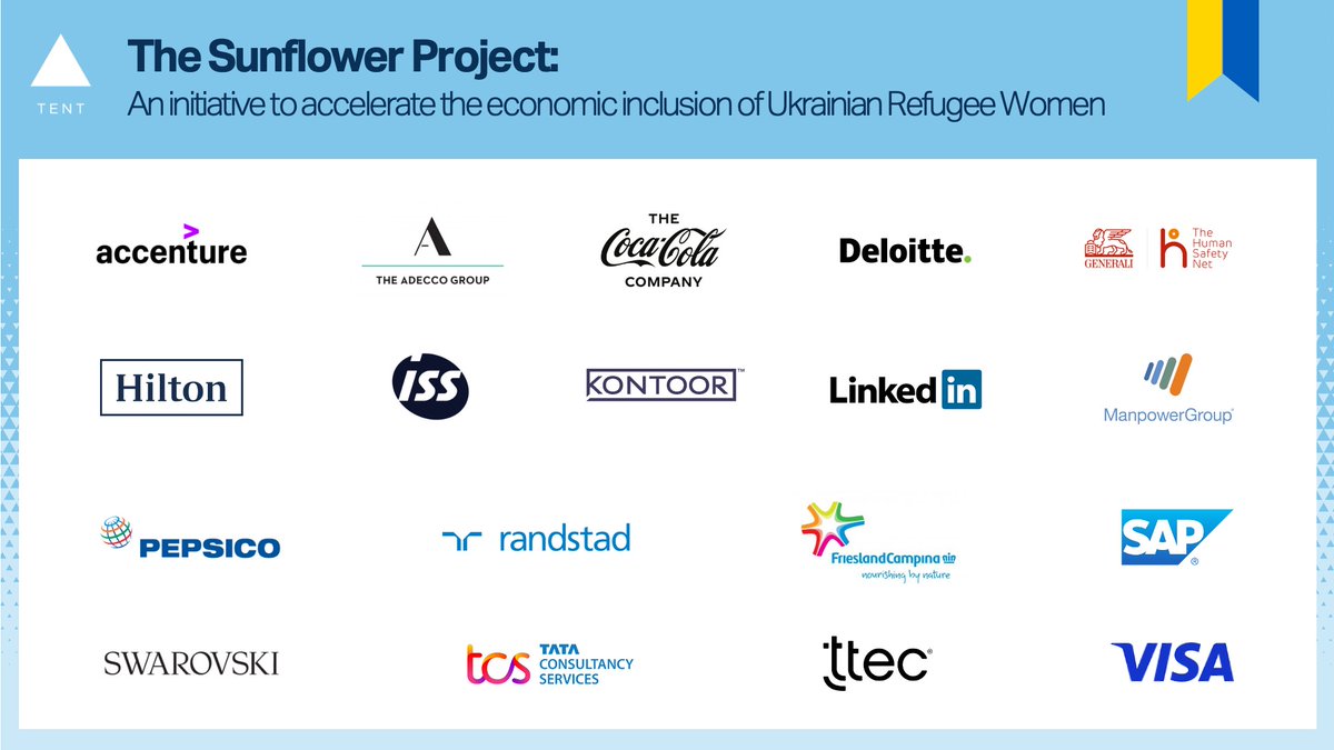 1️⃣8️⃣ companies have joined the #SunflowerProject so far - with many more soon to follow! These companies will help Ukrainian #refugee women access work and earn a living to support themselves and their families. 🌻 🤝 🇺🇦 tent.org/tent-news/pres…