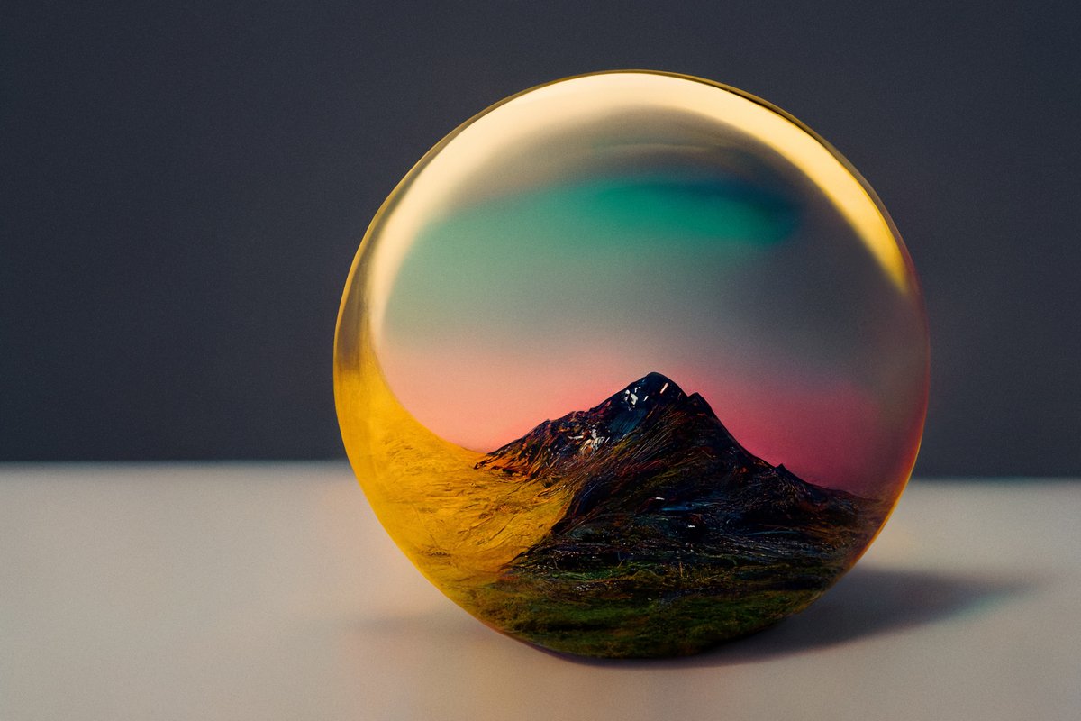 xpolar's tweet image. Orb 01 - Art exploration with #midjourney #MidjourneyAI Mixing a simple oject with atmospheric lighting, colours and locations. For this image, I chose a still life setting with mountains from Iceland.