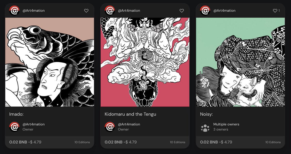 Ukiyo-e editions still available in my alternate profile. All in editions of 10 only. 

💎Noisy:
app.pentas.io/assets/0xCCf66…

💎 Kidomaru and the Tengu
app.pentas.io/assets/0xCCf66…

💎 Imado:
app.pentas.io/assets/0xCCf66…

<a href="/Pentasian/">PENTASIAN</a> #NFTCollection #ukiyoe #nftart