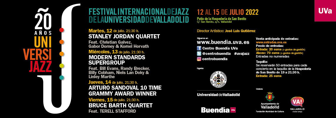 Hoy en la #UVa hemos presentado la la XX edición de #Universijazz con una programación de primer nivel Stanley Jordan, Arturo Sandoval, Bruce Barth y un ‘Supergrupo' liderado por Bill Evans y Randy Brecker actuarán en San Benito #Valladolid ℹ️cutt.ly/5KGjrIh