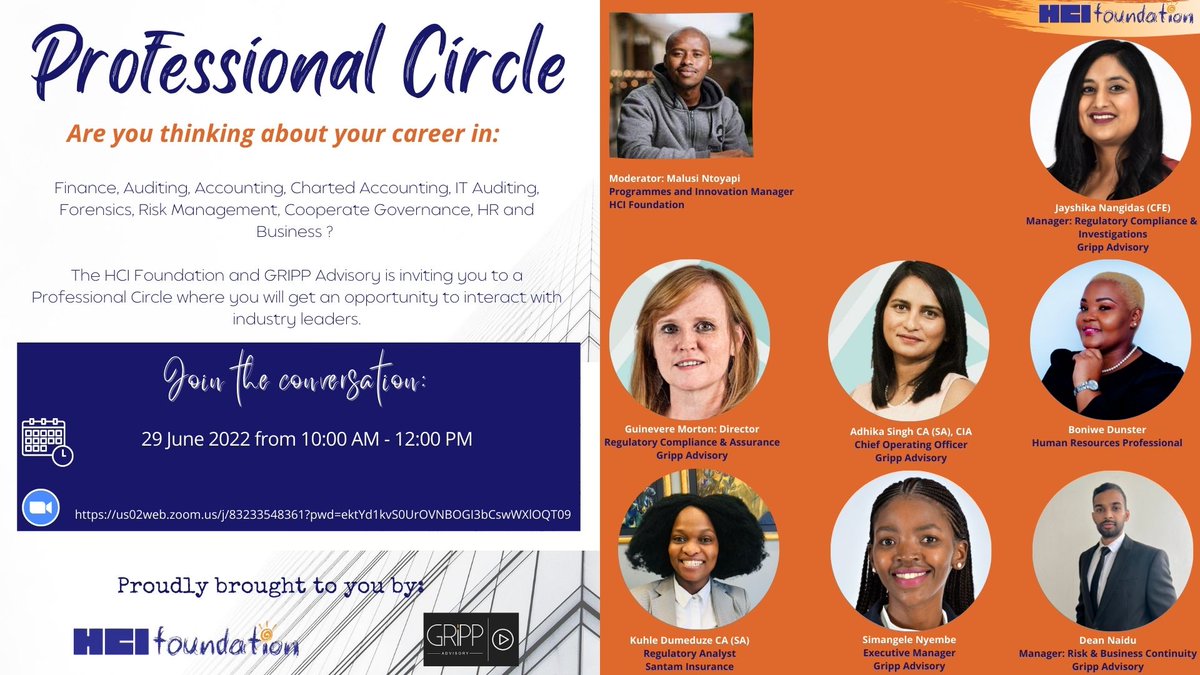 [ You're Invited ]

Are you thinking about your career in...

Finance, Auditing, Accounting, IT auditing, Forensics, Risk Management, Cooperate Governance, HR and Business?

Then join the #ProfessionalCircle tomorrow, 29 June from 10 AM - 12 PM to learn from industry experts.