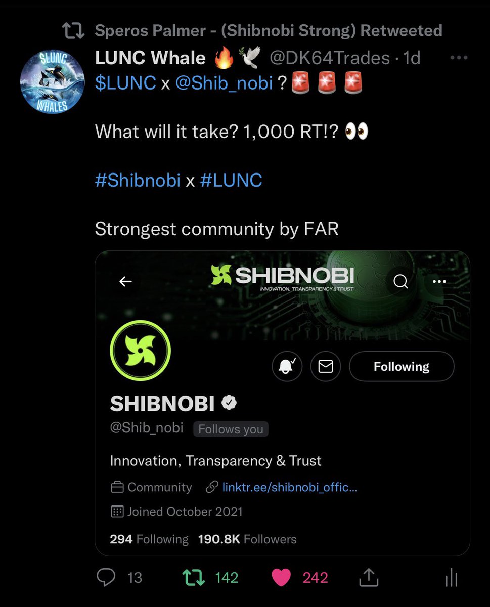 DK64Trades's tweet photo. $LUNC x @Shib_nobi x “LUNCWHALES” ??? 👀

RT!! 🚨🚨🚨

Lead Moderator/Manager RETWEETed
@ShibnobiStrong 👀

Partnership/Promotion? BURN?🔥👀

Go support the #Shibnobi COMMUNITY!!

#LUNC #USTC #LUNA $LUNA https://t.co/sk6nuHvzpa