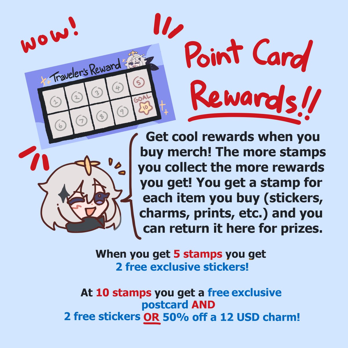Traveler's Reward Point Card [LIMITED AMOUNT!!!!]
I have only a limited supply of these point reward cards, but if you get one you can get exclusive merch that isn't available to buy!!! More info in first image!! 