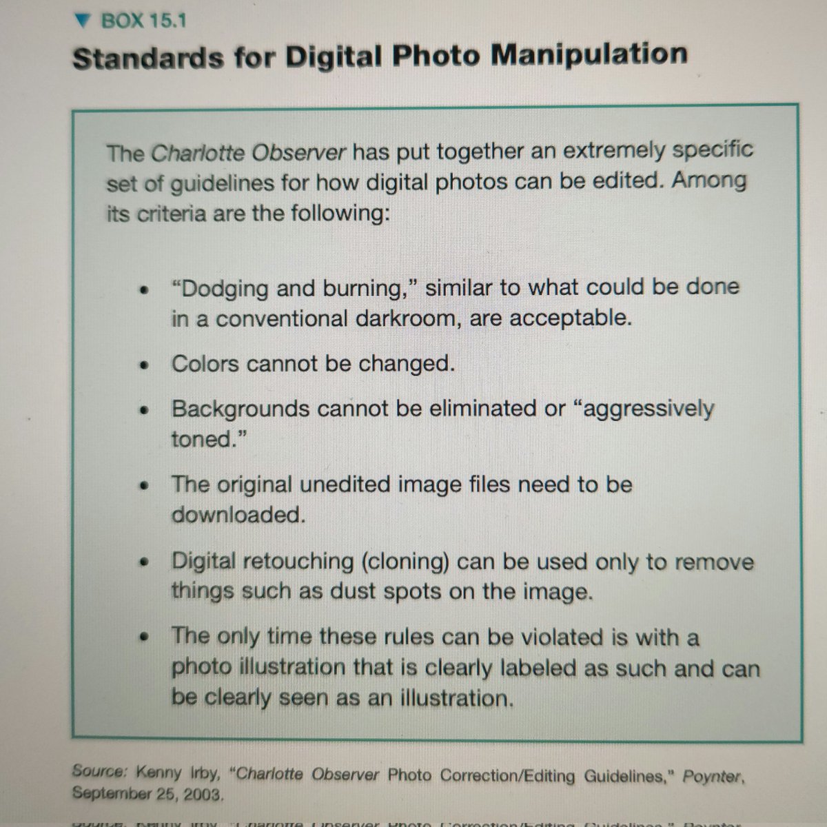 hflynnigan's tweet photo. As a web/graphic design major, I found this intriguing; I wish more mediums used these guidelines. So many people are fooled (myself included) by manipulated photos. There needs to be more truth to the images we're seeing, esp when associated with important news 🔎 #mscmms https://t.co/bu1WQLRDmJ