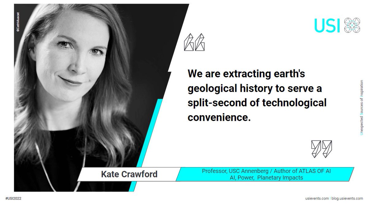 [#USI2022] 🤩 Le constat de Kate Crawford est un choc et il est incontournable de penser l’après-coup de l’intelligence artificielle si nous voulons qu’elle soit alignée avec les valeurs humaines.

#IA #data #responsible #environment 
<a href="/katecrawford/">Kate Crawford</a>