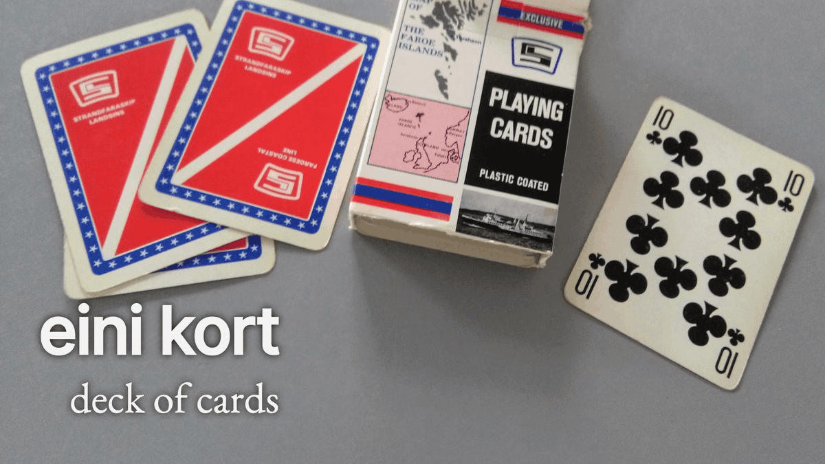 ForoysktDaily's tweet photo. Let's take a small break in our journey through #FaroeseCities? And play #cards. Using an interesting deck with #Strandfaraskip logo on them
eini kort - a deck of cards // #eini is a plural form of indefinite #Faroese pronoun #eitt (neuter gender), also meaning "one"
#føroyskt https://t.co/HTznvD4nwd