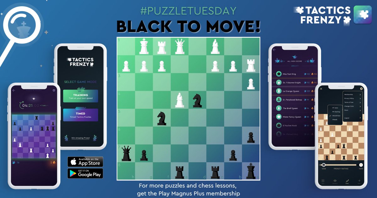 PlayMagnus's tweet photo. Black to move. How would you solve this puzzle? 🤠 #PuzzleTuesday

Solve the puzzle ➡️ https://t.co/GJD8IbO4aN

📲 🖥 For more mind-expanding puzzles, become a Play Magnus Plus member at https://t.co/YRADg0wTK4.

#chess #puzzles #tacticsfrenzy #chessmoves https://t.co/CgLmEmkNaQ