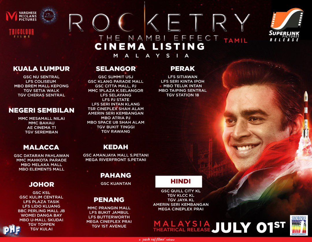 SuperlinkPics's tweet photo. Here's the list of Malaysian theatres where the movie Rocketry 🚀 will be released. Don't forget to watch it at your nearby theatres on July 1st!

@gscinemas @tgvcinemas @lfscinemas @tsrcinemax @aecinemas 
@mmcineplexes @mbocinemas 

#rocketry 
#july1stonwards #movieupdates https://t.co/5a7XVVUWwv