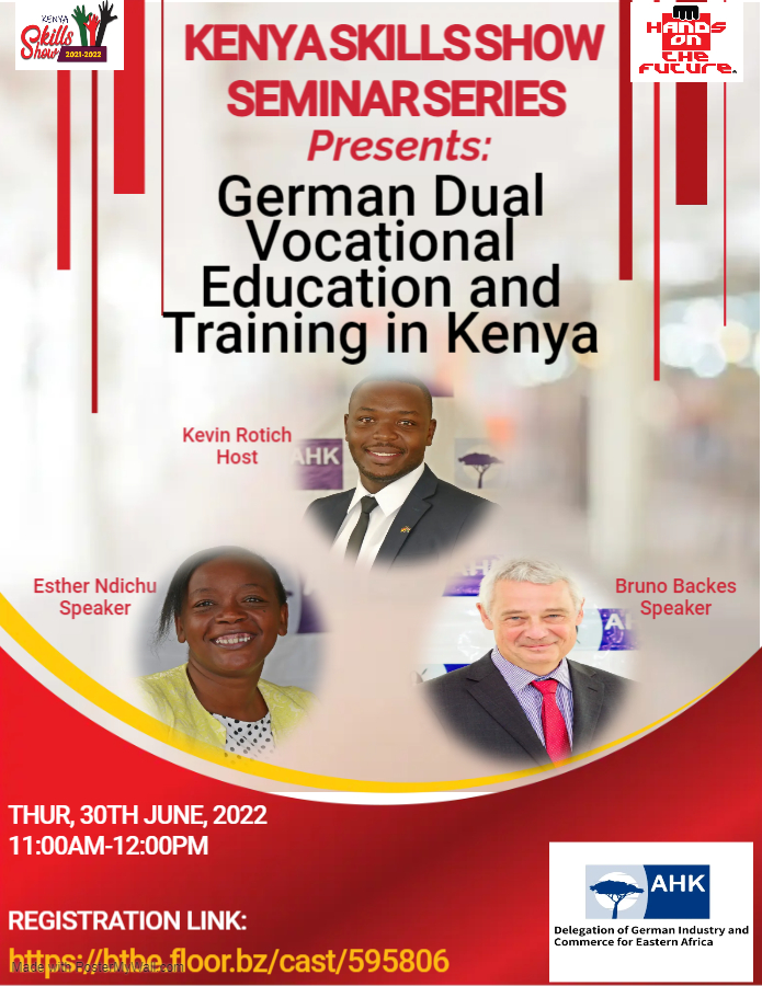 The Kenya Skills Show Seminar Series presents:
 
German Dual Vocational Education and Training in Kenya
Date: Thursday, 30th June
Time: 11am EAT
Where: btbe.floor.bz/cast/595806
<a href="/tvetinkenya/">Permanent Working Group on TVET in Kenya</a> <a href="/TVETAKenya/">TVET Authority Kenya</a> <a href="/CICan_Kenya/">CICan In Kenya</a> <a href="/MonariPeterJ/">Monari, Peter Joseph Ph.D</a> <a href="/talantadigital/">Talanta Institute</a> <a href="/capyeikenya/">CAPYEI</a> <a href="/ymcakenya1/">YMCA Kenya</a>