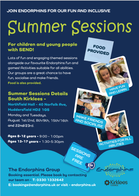 Endorphins Summer SEND provision✨ .
All SEND children &amp; young people will be provided a meal at the session, lots  fun and exciting activities taking place. All summer sessions are FREE!
Don't miss out, registered now.
(Diagnosis not required). Registration required
📷