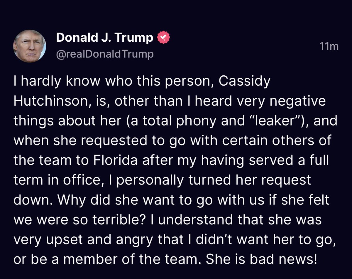 Vu_Reports's tweet photo. Trump’s reaction to Cassidy Hutchinson’s explosive Jan. 6 committee testimony, on Truth Social https://t.co/WWNemvyaJD