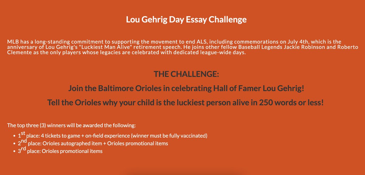 Only two days left to tell us why your student is the luckiest child alive! Join the @Orioles in celebrating the legacy of Hall of Famer Lou Gehrig & @MLB's commitment to supporting the movement to end #ALS. Join our essay challenge today! bit.ly/3y1Ppf2 #ALSAwareness