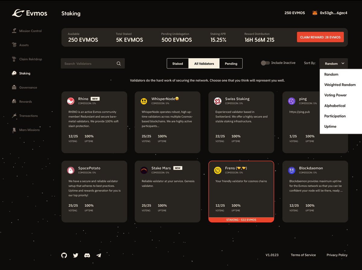 EvmosOrg's tweet image. Staking/validator dashboard sneak peek 👀

Can you guess what features are coming?