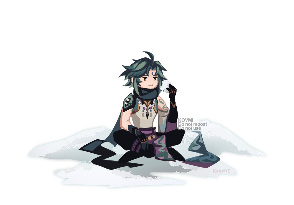 xiao (genshin impact) 1boy male focus solo gloves sitting green hair beads  illustration images
