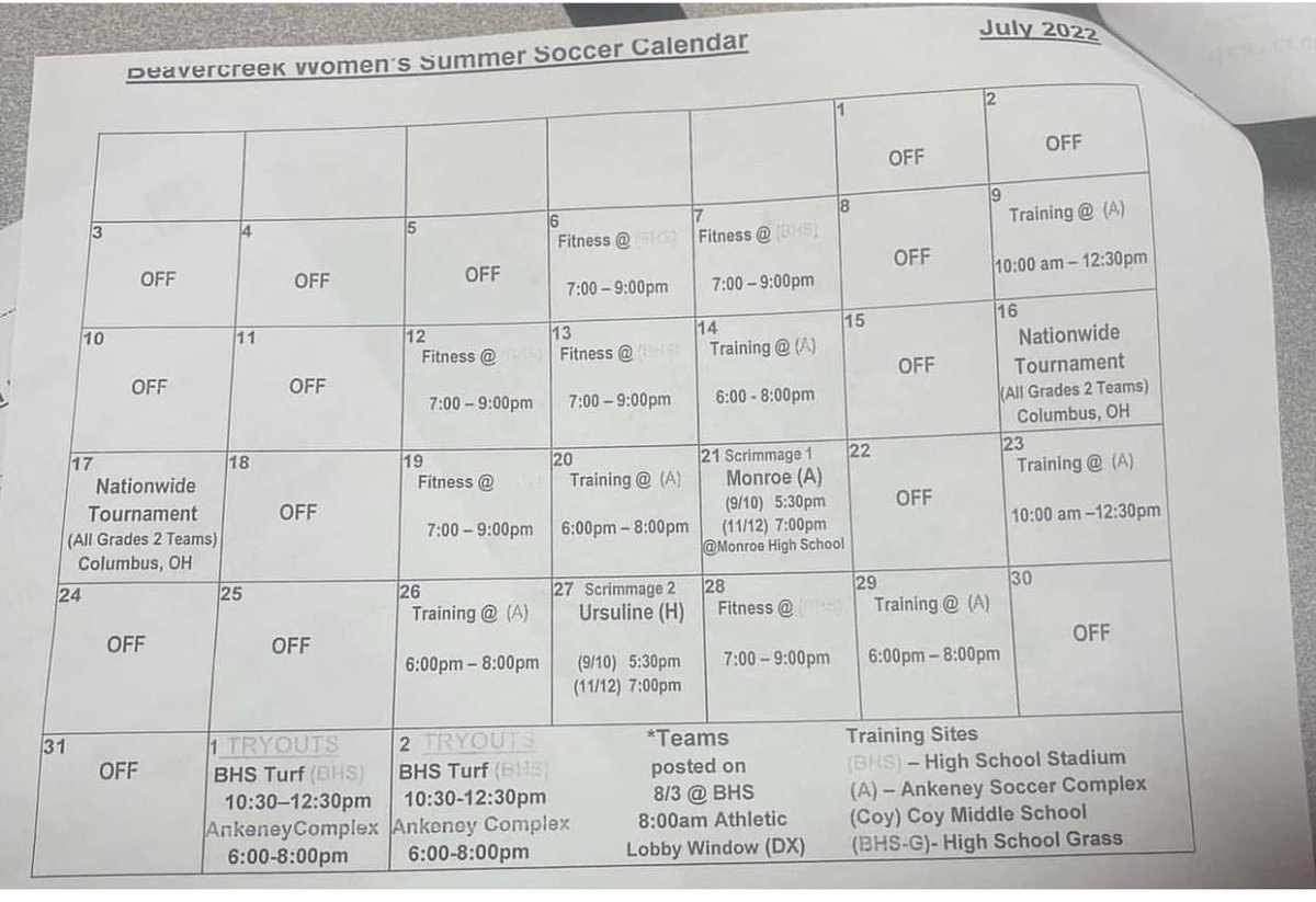 Girls soccer schedule for July