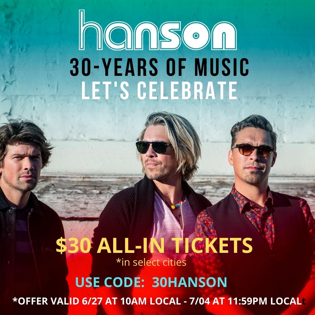 LiveNation_LA's tweet photo. Celebrating 30-years of @HANSONMUSIC with a $30 all-in ticket to their #RedGreenBlueTour for a limited time only. Grab your tix now for their show on 9/2 @Theatre_AceDTLA! https://t.co/KQOWeKrOpH https://t.co/sqhGmcM4k1