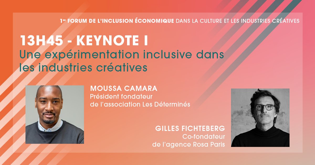"Retours d'expériences des acteurs de l'inclusion"
c'est au programme du #ForumInclusionEco dès 13h45 avec 3 keynotes : "Une expérimentation inclusive dans les industries créatives" avec <a href="/mousscama/">Moussa Camara</a> Président Fondateur <a href="/LesDetermines/">Les Déterminés</a> et <a href="/Gilfichteberg/">gilles fichteberg</a> co-Fondateur <a href="/ROSAPARISagency/">ROSA PARIS</a>