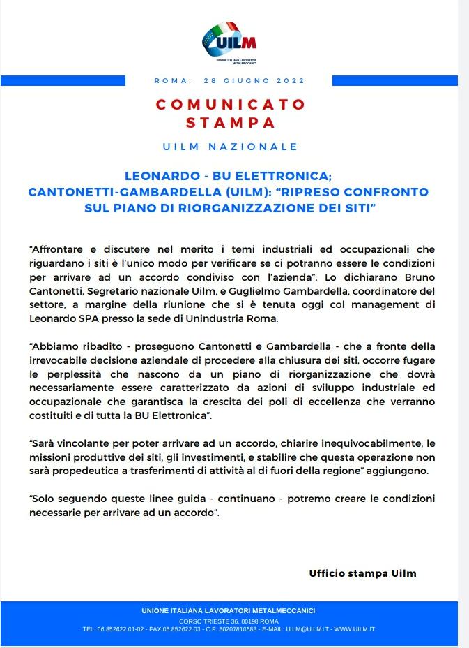 🔵Oggi ripresa la trattativa di Leonardo Elettronica, prioritario garantire missioni industriali, sviluppo , investimenti e crescita occupazionale.