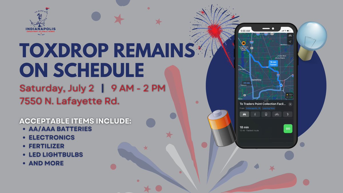 IndyDPW's tweet photo. As the holiday weekend approaches, we’d like to remind everyone that the ToxDrop location will continue as scheduled this weekend. For more information please visit https://t.co/4DqcjfZPLX https://t.co/Zd83n63DJ4