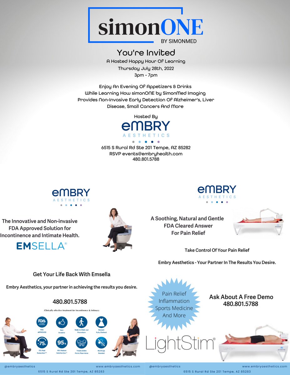 EmbryAesthetics's tweet photo. Join us July 28th from 3-7pm for a Happy Hour of Learning as we host simonONE! Their advanced imaging technology can be used to detect early signs of small cancers, Alzheimer’s &amp; more! 

#health #healthcare #prevention #embry #embryaesthetics #simonone #simonmed #medical https://t.co/FpDnmdTPKU