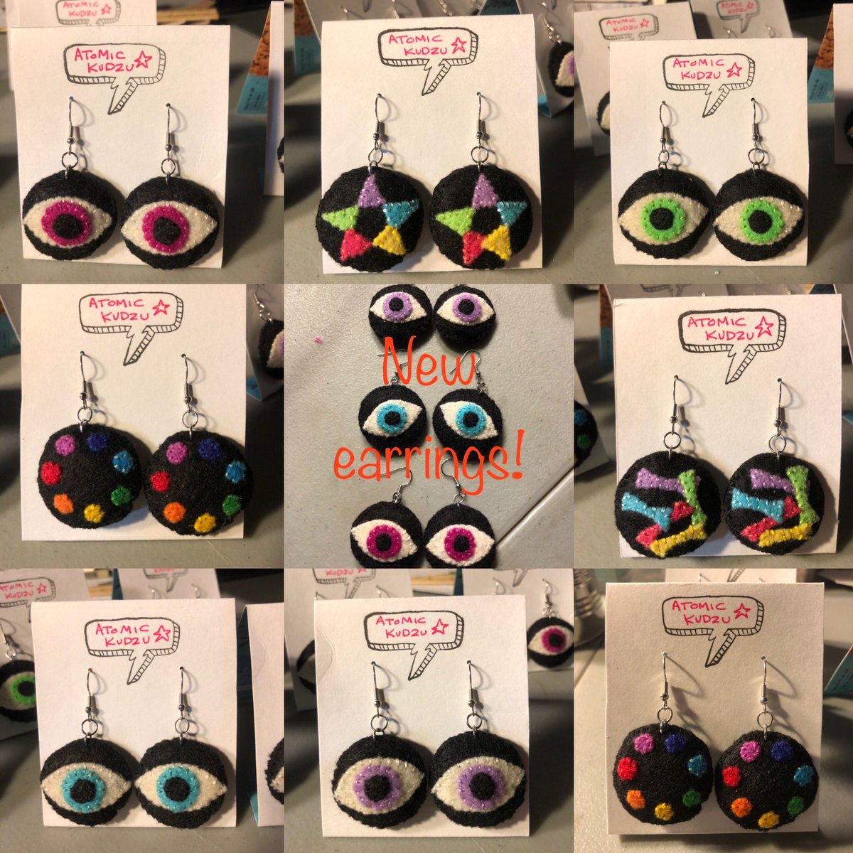 atomickudzu's tweet image. New merch heading to both @FactoryObscura shops this weekend… here is peak at new earrings! #shophandmade #oklahomaartist #handmadejewelry