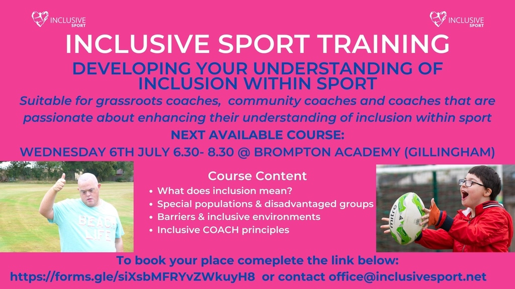 InclusliveSport's tweet photo. Could you be more inclusive in your sports setting?
Our next training session in Gillingham on the 6th of July will help you achieve that goal.
Contact office@inclusivesport.net to book your place.
#sporttraining #SENDtraining #inclusivesport #traning #course https://t.co/fdQndkq1Ei