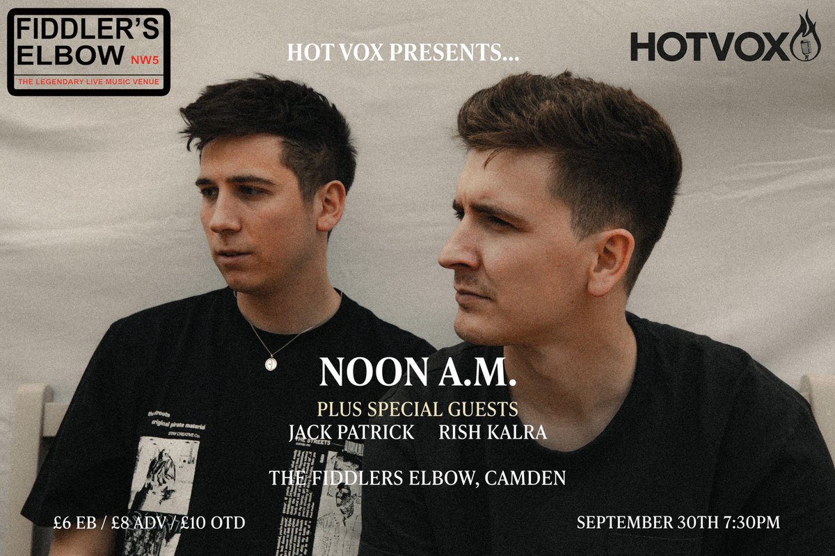 ON SEPTEMBER 30TH WE HEADLINE THE FIDDLERS ELBOW, CAMDEN. 

Limited £6 (+ booking fee) early bird tickets are now available in our bio, get them before they’re gone ⏳

So excited to have the unbelievably talented <a href="/ItsJackPatrick/">Jack Patrick</a>  and <a href="/rish_kalra/">Rish Kalra</a> join us!