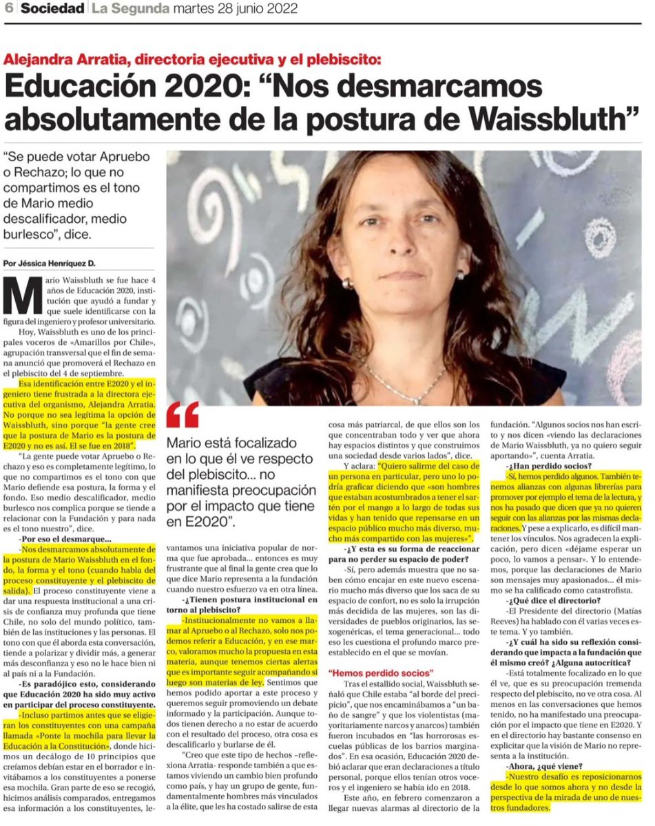 Educacion2020's tweet photo. 🔴 Hoy en @la_segunda, @AleArratiaM, directora ejecutiva de nuestra fundación, se refiere a nuestro compromiso con el trabajo de la @convencioncl en materia educativa. Asimismo, aclara que "nos desmarcamos absolutamente de la postura de Mario Waissbluth" ⬇️ https://t.co/4L8kMaGV91