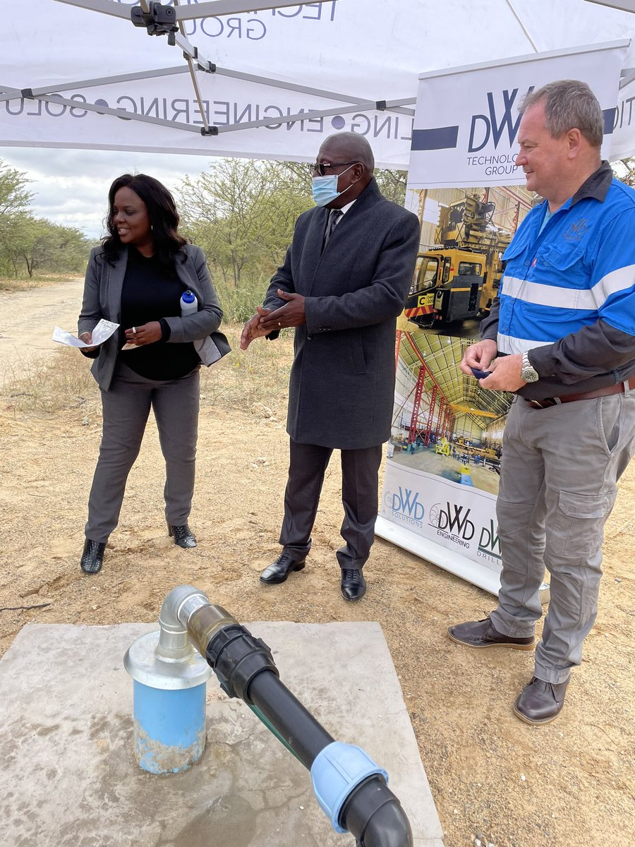 With Assistant Minister Local Government Hon. Sethabelo Modukanele receiving borehole donation From DWD Technologies MD. At Council Amusement Park