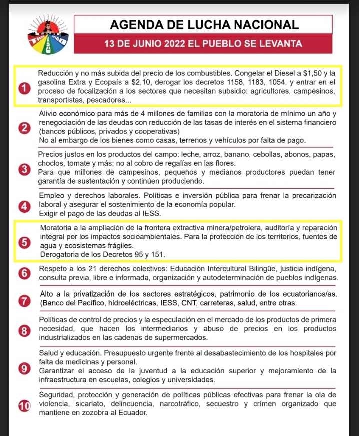 Yasunidos's tweet photo. Hilo sobre la situación del Yasuní en el marco del #ParoNacional

@LeonidasIzaSal1 dijo que en las mesas de diálogo, se debe resolver al menos los puntos 1 y 5 del pliego de peticiones.

Aquí te explicamos qué tiene que ver esto con el Yasuní y las acciones legales en curso ↓ https://t.co/Xijm3vA6U6