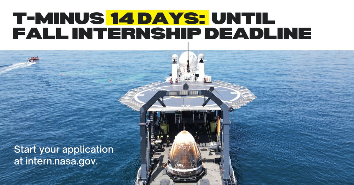 NASAInterns's tweet photo. T-14 days until the Fall internships application deadline! 

Join our NASA family &amp; apply today at https://t.co/pUmAlqhkvB. https://t.co/goe5R6pwjv