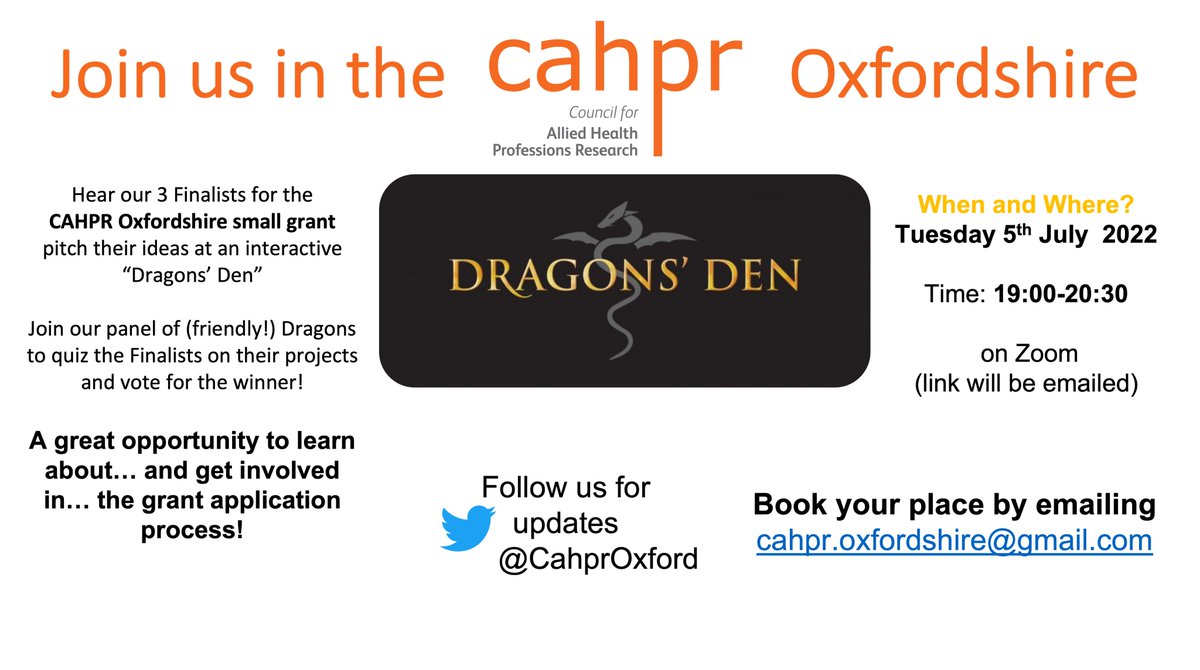 CAHPR Oxfordshire (@cahproxford) on Twitter photo We'd love to see you at our online Dragon's Den event
Tuesday 5th July 7-8.30pm
Hear our Small Grant finalists present their projects & help choose the winner
A great chance to find out how grants are reviewed and funded!
Open to all <a href="/OfficialCAHPR/">OfficialCAHPR</a> members
Email to book π We'd love to see you at our online Dragon's Den event
Tuesday 5th July 7-8.30pm
Hear our Small Grant finalists present their projects & help choose the winner
A great chance to find out how grants are reviewed and funded!
Open to all <a href="/OfficialCAHPR/">OfficialCAHPR</a> members
Email to book π