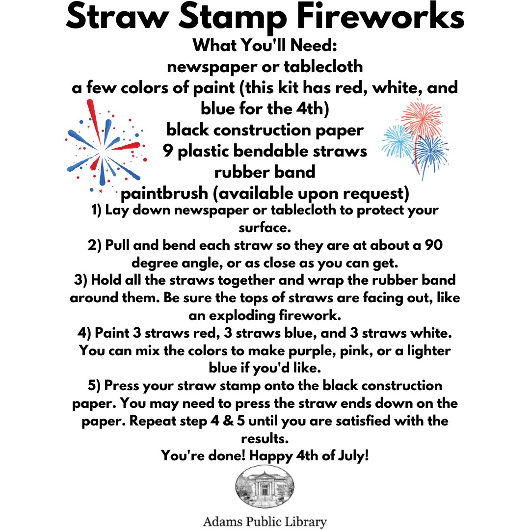 CentralFallsLib's tweet photo. We have a new #TakeAndMake just in time for the #fireworks Thursday: Plastic Straw Stamp Fireworks! The kit has everything you need to paint these fireworks (paintbrush available upon request). See you soon! #RISummerReading #ReadBeyondTheBeatenPath #CentralFalls #CentralFallsRI https://t.co/7EmkcBBiie