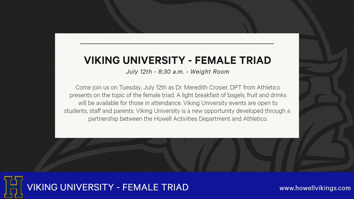 Another great Viking University opportunity is ahead when we return from the summer dead period. Join us on 7/12 as Dr. Meredith Crosier presents on the female triad. Breakfast will be available for those in attendance. Another #unmatcHed opportunity for our Vikings!
