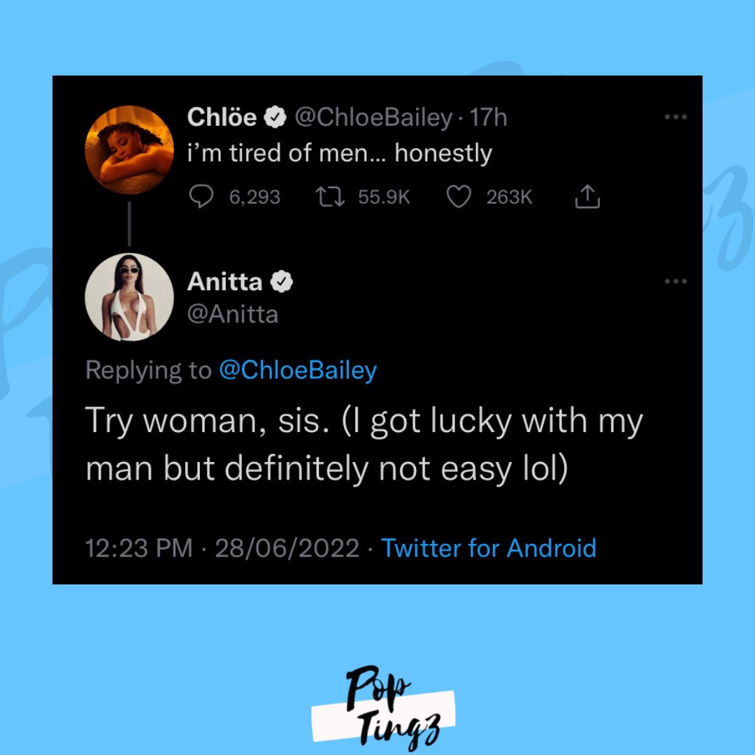 PopTingz's tweet photo. Anitta advices Chlöe Bailey to try women after Chlöe complains about being tired of men. https://t.co/b8Ium1npVy
