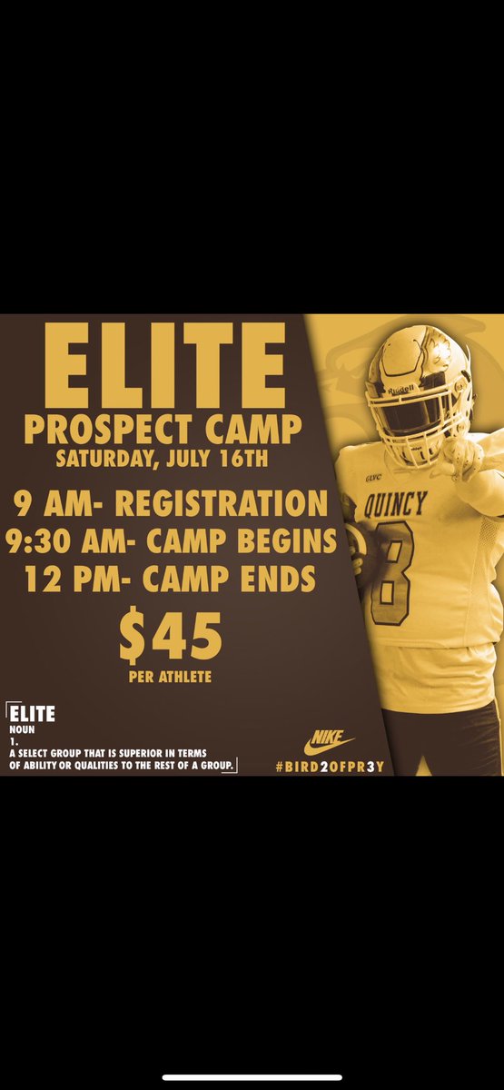 One more opportunity to compete in front of the @QUFootball staff before the summer is over!!! Get signed up for our July Elite Camp and come compete to earn a scholarship!! #PEWAV quincyfootballcamps.com/events.cfm