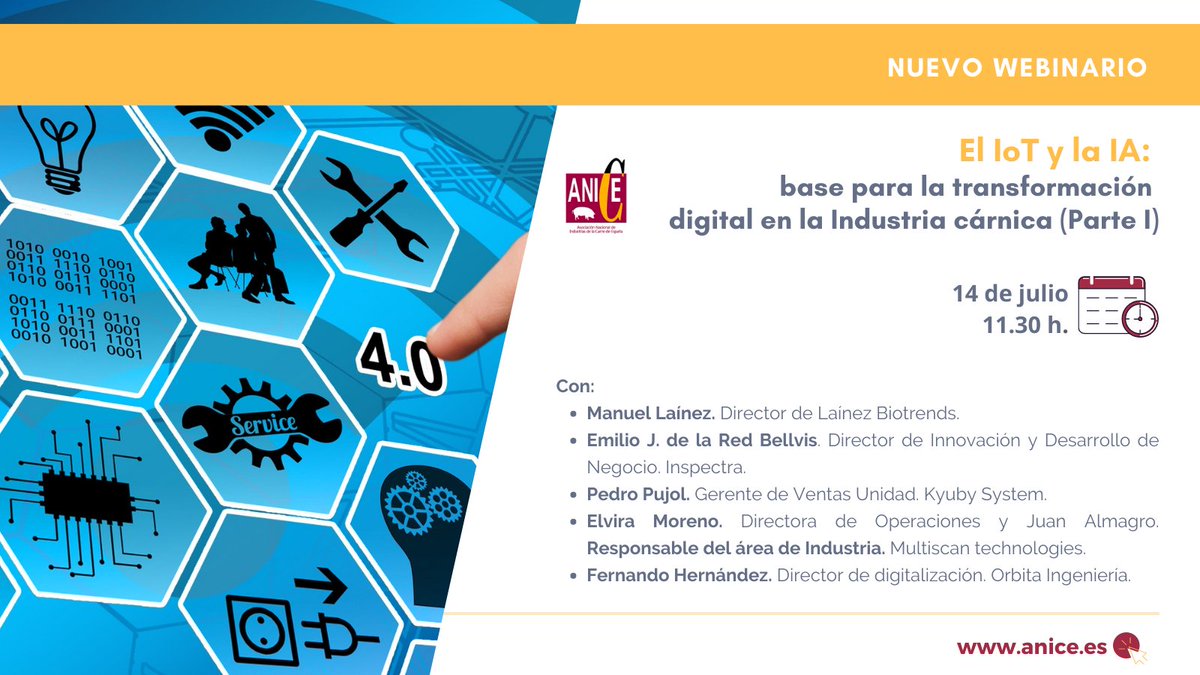 🤔 ¿SABES qué soluciones de Inteligencia Artificial existen en el mercado para la #industriacárnica?

Si eres socio de <a href="/ANICE_ES/">ANICE</a> te invitamos al WEBINARIO |  #IoT e #InteligenciaArtificial aplicadas al sector de la mano de 5 expertos.
🔛14.07/11:30h.
✍️ administracion@anice.es