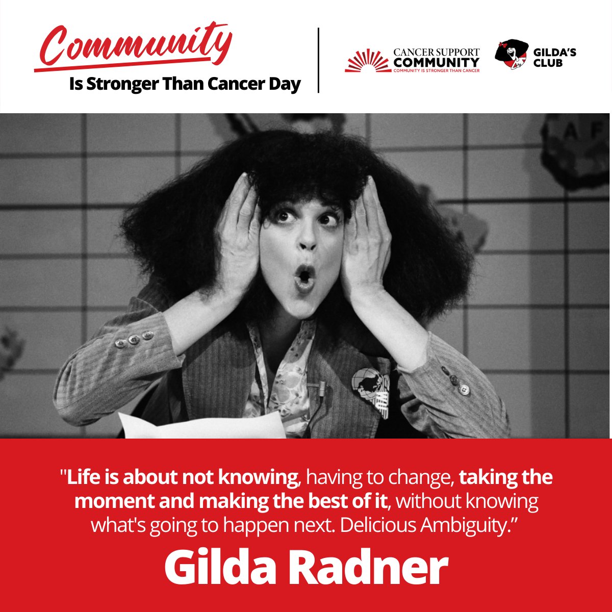 CancerSupportHQ's tweet image. Today would have been Emmy award winning actress and original “Saturday Night Live” cast member Gilda Radner’s birthday.  Gilda’ Club was founded in her memory. Gilda’s legacy lives on in all of the Gilda’s Club and CSC spaces. #CelebrateCSCGC #CommunityisStrongerThanCancerDay