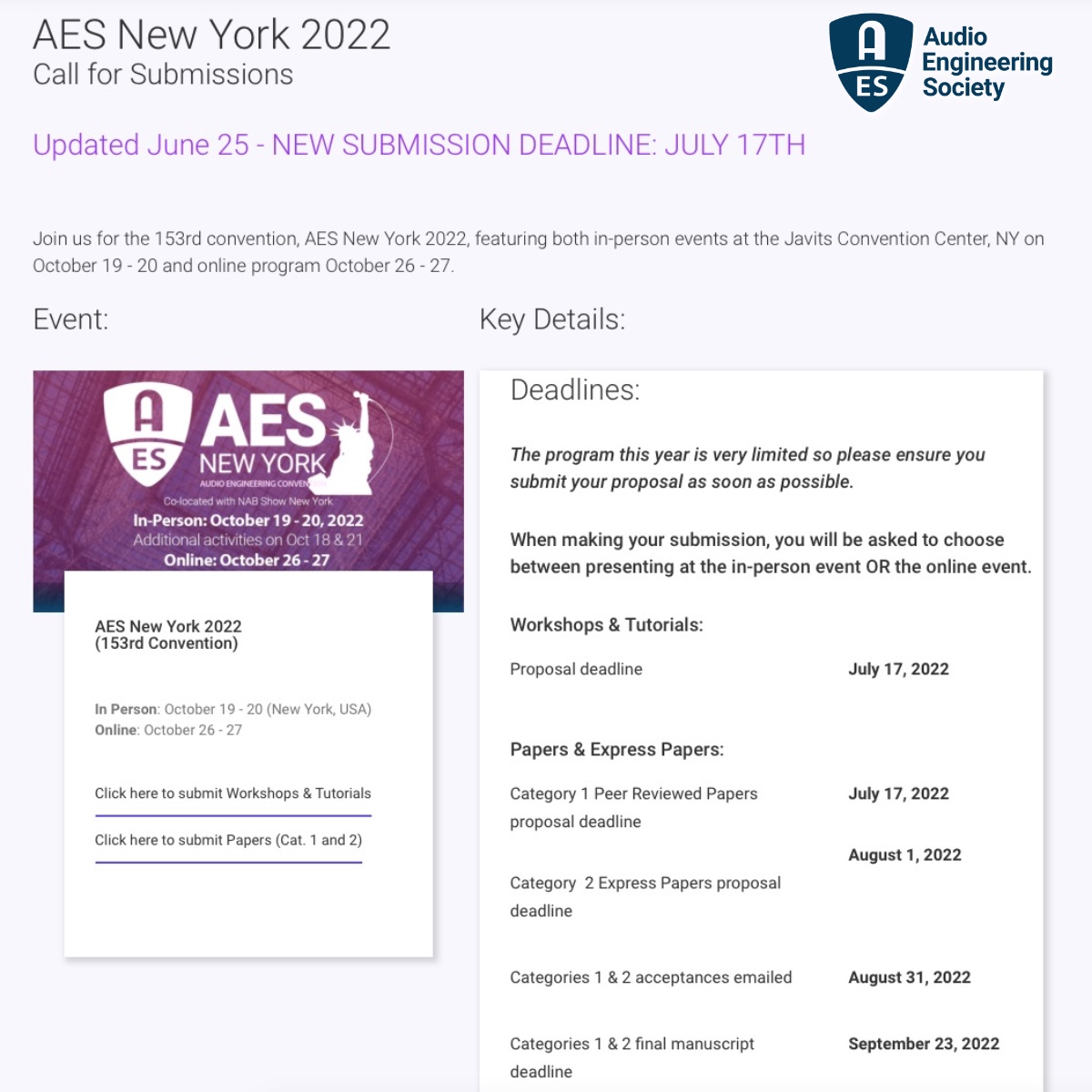 AESorg's tweet photo. Want to have your audio research featured at this year's #AESorg #NewYork Convention?
Submit your proposals now for featured Workshops, Tutorials, Papers and more - 
https://t.co/DYrnvQr5yH

#AESShow #proaudio #audioengineer #audioengineering #audio #NYC #AESMembers #AESEvents https://t.co/cZYHhl7PQG