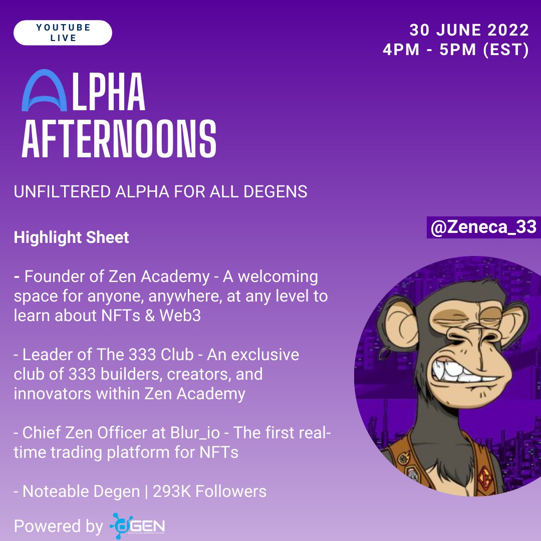 AlphaAfternoons's tweet photo. As one of the most respected degens in the #NFTCommunity, @Zeneca_33 has done a tremendous job educating the masses on Web3. Check out this highlight sheet with some of Zeneca's current projects.

Learn more on #alphaafternoons this Thurs at 4PM EST.
https://t.co/2w9JkYqY4Q https://t.co/IcpFBfUt7z